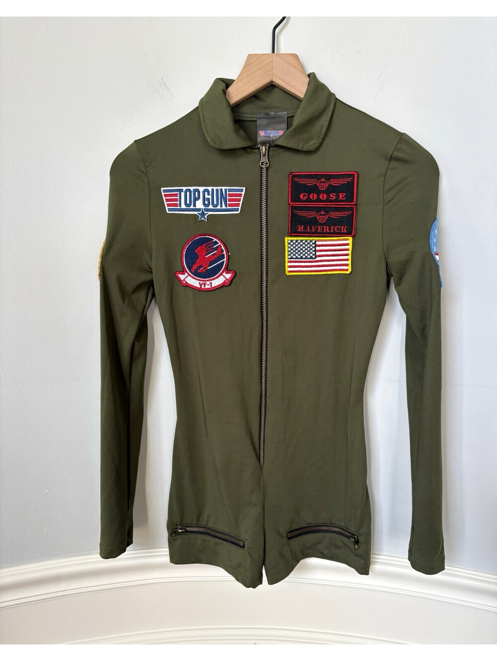Leg Avenue Top Gun Maverick Flight Suit Costume Romper Green S Stretch